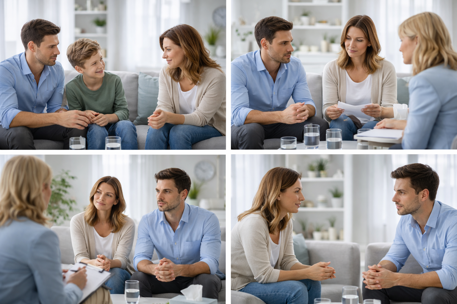 Two people having a calm discussion with a mediator